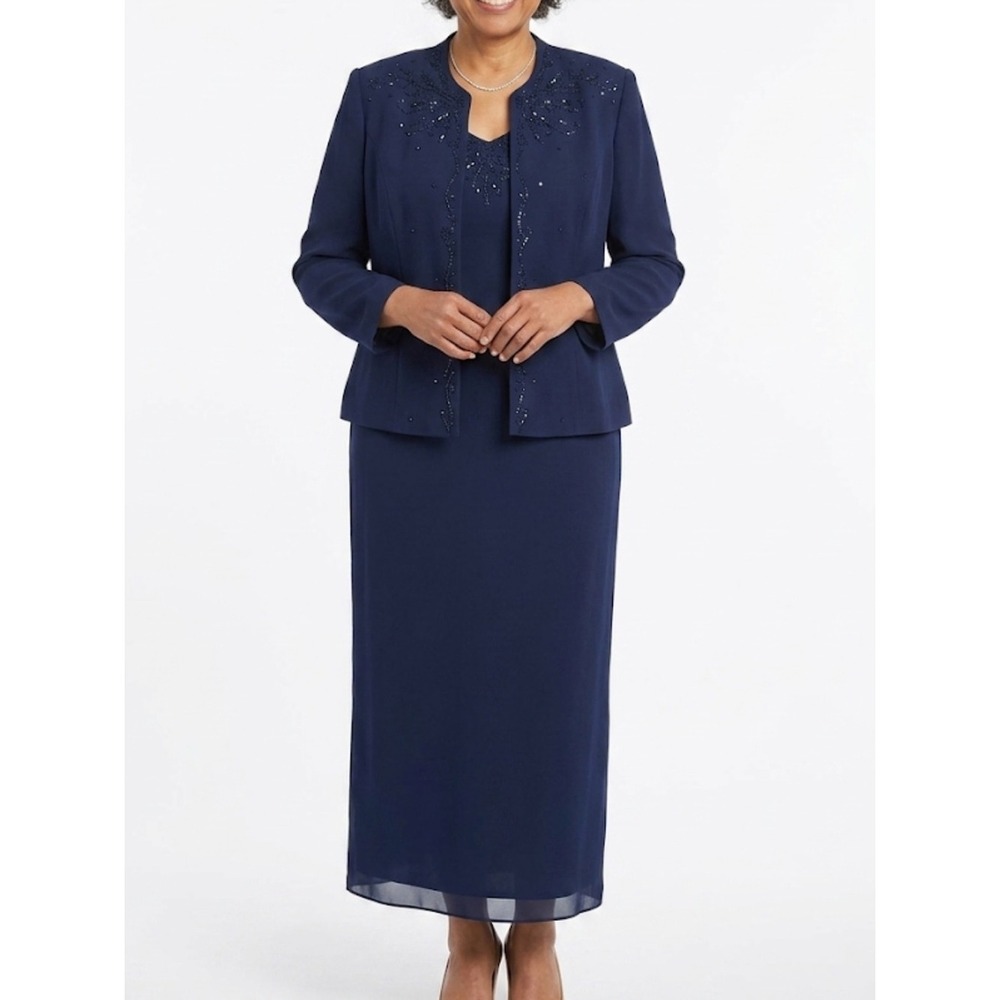 R&M RICHARDS Size 14P‎ Navy Blue Mature Event Dress Jacket  Beaded Two Piece Set